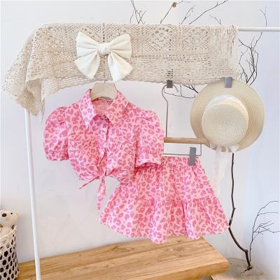 China European and American style children's clothing ins2022 preppy summer style pink leopard print girls high waist top and skirt suit to customize for sale