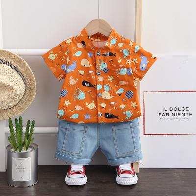 China European Preppy Style Foreign Covers And American Handsome Suit Summer Comic Shorts Denim Shirt Collar Boys Custom Map for sale