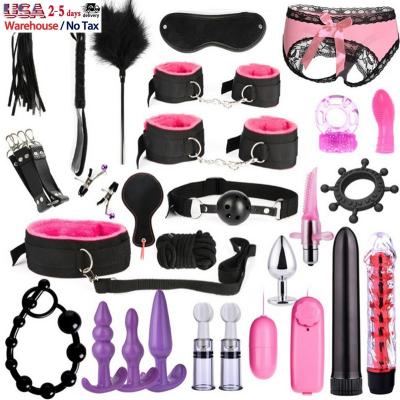 China Sexy Bondage Fun 26 Pieces Sexy Lingerie Beads Whip Rope Kits Anal Vibrator Bondage Handcuffs Nipple Clamps Condoms Set For Couples Sex Games for sale