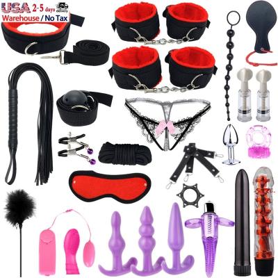 China Sexy Bondage Fun 26 PCS Adult Sex Toys For Women Whip Spanking Sex Silicone Metal Butt Plug Bdsm Vibrator Anal Bondage Set Handcuffs Nipple Clamps for sale