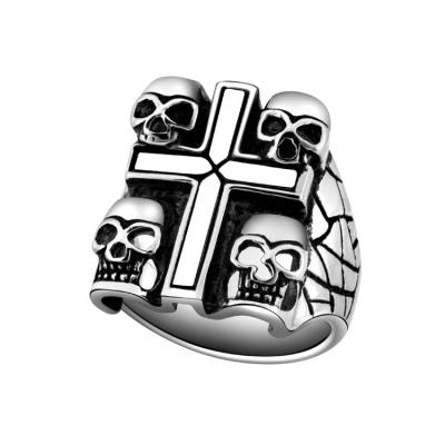 China Hiphop New Design Biker Cross Rings For Men's Cocktail Ring Domineering Skull Ring Stainless Steel With Four Heads Nickel Free for sale