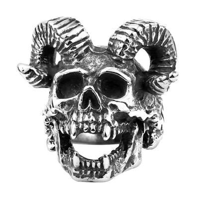 China Punk Mens Gothic Goat Head With Horns Biker Rings Stainless Steel Heavy Silver Punk Animal RAM Skull Ring For Men Hip Hop Jewelry for sale