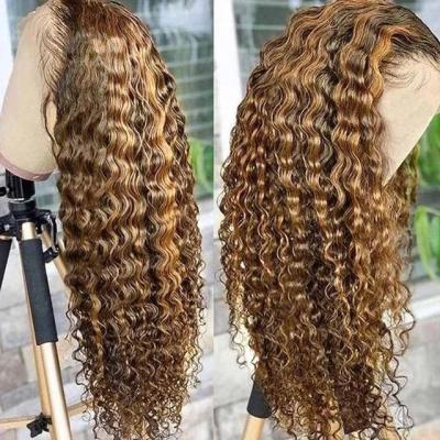 China Deep Wave Wholesale HD Lace Frontal Wig For Black Women, Highlights Blonde Deep Wave Human Hair Wig With Baby Hair Piano Color Wig for sale