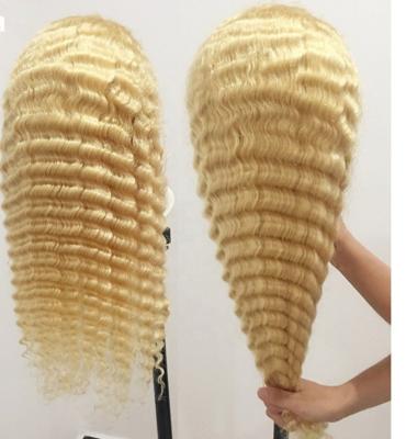 China Cheap Blonde 613 Human Hair Wave 180% Body Wave Wigs 13*4 Frontal Wigs Deep Curly Transparent Swiss Lace Wig With Baby Hair For Women for sale