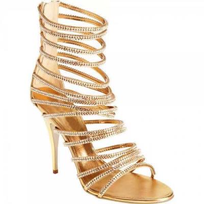 China Custom Strappy Diamond Party Shoes Rhinestone Evening Shoes Factory Gold Strappy Women's Cushioning Heels for sale