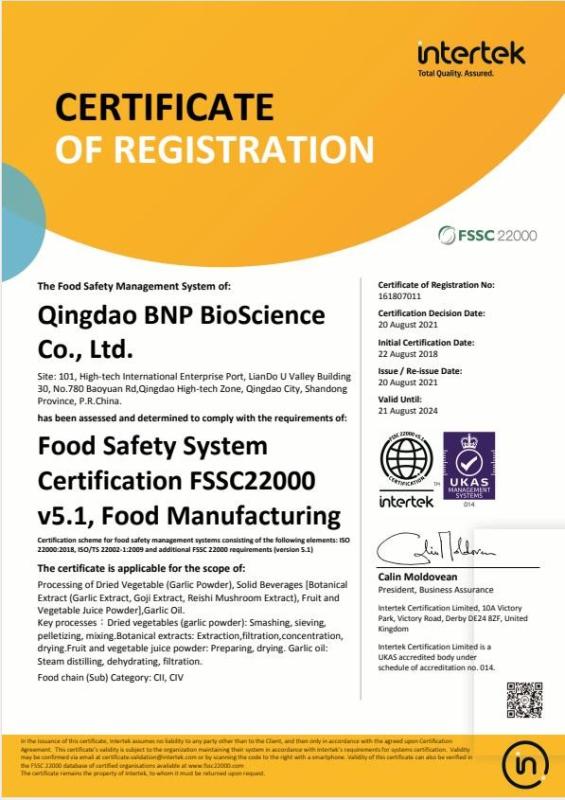 FSSC22000 - Qingdao BNP BioScience Co., Ltd.