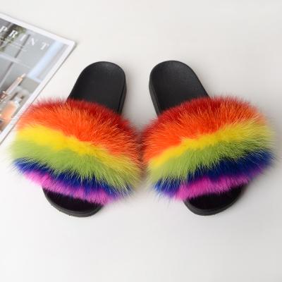 China Custom Color Logo Raccoon Fur Sandals Fox Fur Sandals 2020 New Fashion Pattern Fox Slippers Women Anti-slippery Fur Slides Slippers PVC for sale