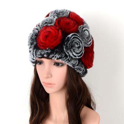 China Hot-selling COMMON Lady Winter Rose Hat Rex Rabbit Fur Woven Hat Middle-aged Female Hat for sale