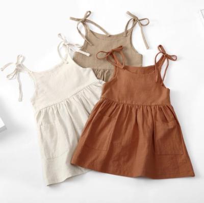 China Free Sample Raw Color Anti-Wrinkle Vintage Australia Baby Toddler Little Princess Girl Solid Plain Sling Cotton Linen Dresses For Kids for sale