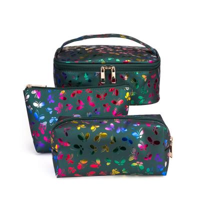 China Fashion Beauty Butterfly Printing Portable Makeup Storage Bag 3 in 1 Travel Cosmetic Bags Set for sale