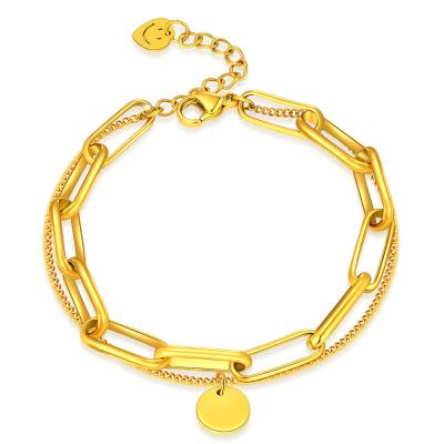 China Lady Gold Plated Dangle Vintage Double Layer Fashion Stainless Steel Bangle Round Disc Anklet Chain Bracelets for sale