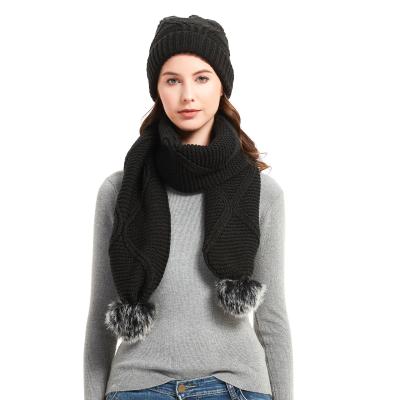 China Wholesale Black Color Soft Touch Feeling Polyester Knitted Fur Pom Scarf Set Rabbit Beanie Hats Long Neck Warmer for sale