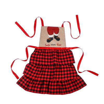 China New Fashionable Style Pleated Christmas Party Apron Plaid Woven Fabric Holiday Non Ornament Apron for sale