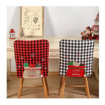 China Fashionable Pleated Red Plaid Chair Cover Fabric Designs Christmas Party Black Canvas Decor Seat Cover for sale