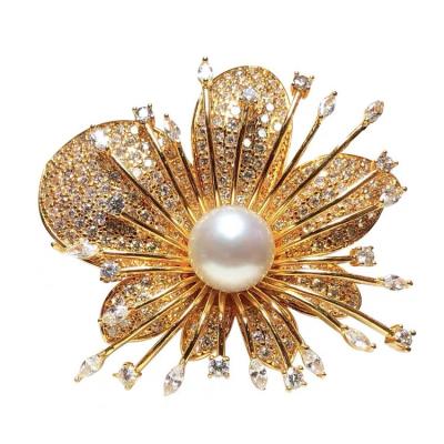 China Luxury Brass Zircon Paved Real Gold Plated Freshwater Pearl Pin Flower Brooches Big Beautiful Women Wedding for sale