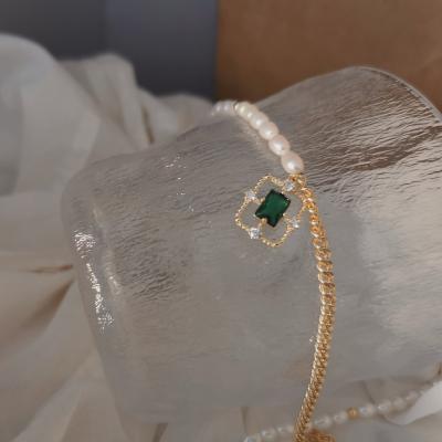 China Vintage Emerald Zircon Half Pearl Necklace Pendant Half Pearl Necklace Chain Earrings Jewelry Set TRENDY for sale