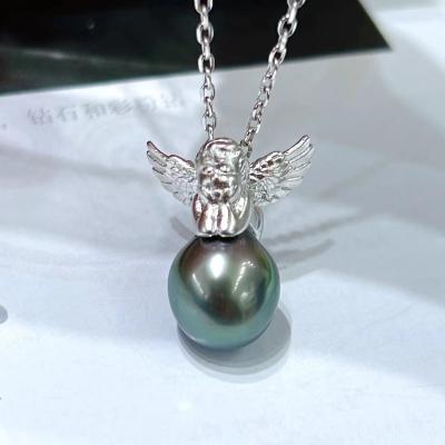 China Cute Trendy S925 Sterling Silver Angel Pendant Good Luck Pendant 9-10mm Black Seawater Tahitian Pearl Necklace Mens Womens Cute FASHIONABLE for sale