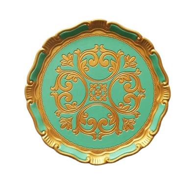 China Disposable Antique Disposable Wooden Dish International Tableware Tray Green Gold Charger Dishes Wooden Dishes For Wedding for sale