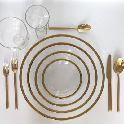 China Viable Wholesale Fast Shipping Clear Charger Plates With Gold Rim Good Quality Wedding Glass Plates for sale