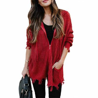 China Autumn Full Zipper Breathable Knitted Fashion Casual Tassel Rock Sweater Cardigans Womens Hooded Pullover Sweaters Tops for sale