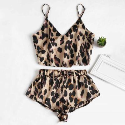 China Breathable Satin Renda Baju Tidur Atasan Celana Pendek Baju Tidur Di Untuk Wanita Seksi Baju Tidur Bahan Leopard Set Pakaian Wanita Pakaian for sale