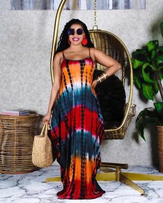 China Newest Plus Size Casual Women Tie Dye Print Spaghetti Dress Summer Floor Length To Tie Pockets Sleeveless To Loosen Dresses for sale