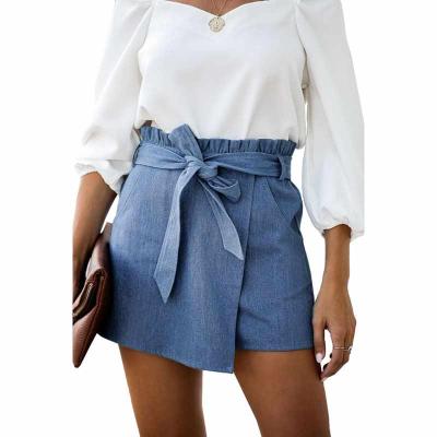 China Love Each Other Mzl New Summer Casual Bottoms For Women Solid Belts Ruffles Pocketed Denim Wrap Shorts for sale