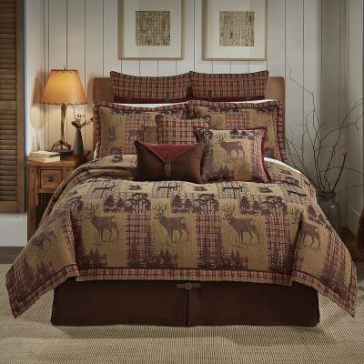 China Custom Anti-Static Comforter Bedding Set Bear Moose Animal Pine Forest Print Plaid Patchwork Rustic Comfort Sets With Pillow Shams Bedspread for sale