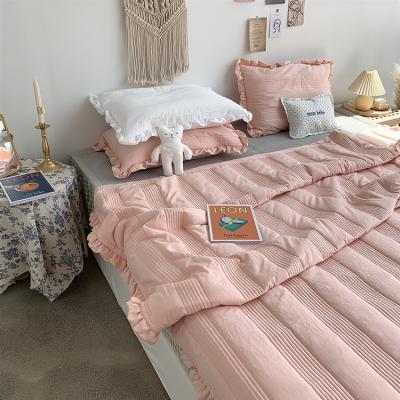 China Korean Factory Custom Solid Slim Comforter Bedding Sets Summer Blanket With Quilted Striped Ruffles Pillowcases Bed Sheets for sale