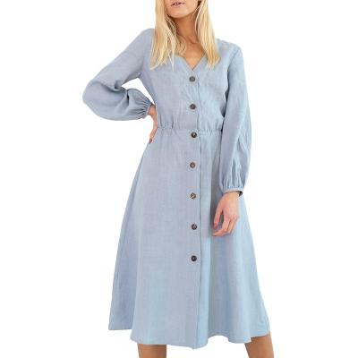 China MANNI Breathable Button Down Light Blue Dress Long Sleeve Midi Dress Casual Linen Dresses For Women for sale