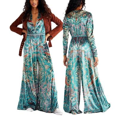 China MANNI Belted Floral Print Wide-Leg Romper Breathable Elastic Long Sleeve Green Velvet Jumpsuit Women for sale