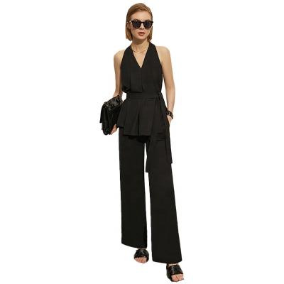 China Breathable MANNI Minimalism Women Business Wear Halter Dressy Bow Tie Vest Shirt And Fashion Wide Leg Pants for sale