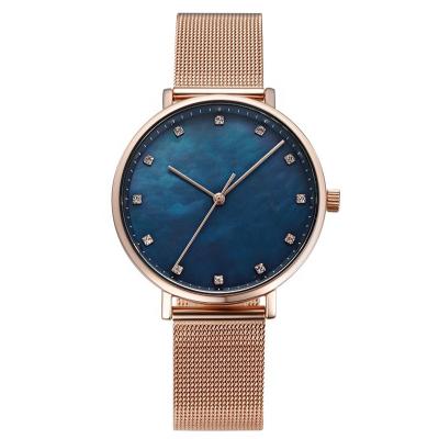 China Luxury Custom Brand Automatic Date Mother Pearl Blue Dial Women Watch Ultra-Thin Rose Gold Strap Lady Hand Watch for sale