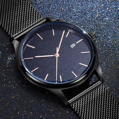 China Full Luxury Stainless Steel Black Mesh Watches Men Wrist Auto Date Sky Starry Dial Custom Your Own Logo for sale