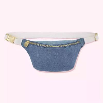 China Fashion Chenille Patch Woman Metal Zipper Blue Anti-theft Fanny Bag Denim for sale