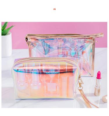 China Fashion Transparent Holographic Makeup Case Women Small Clear Iridescent Brushes Cosmetic Bag With Handle for sale