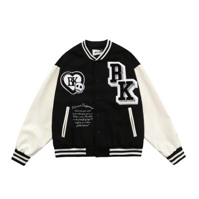 China QUICK DRY Leather Patchwork Sleeve Bomber Jacket Fashion Design Custom Letters Embroidered Letterman Jacket for sale