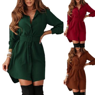 China Autumn Shirt Dress Women Elegant Breathable Green Long Sleeve Button Up Office Lady Dress 2021 Fashion Party Mini Dress for sale