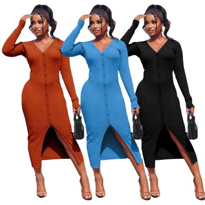 China Long V-Neck Rib Knitted Long Sleeve Breathable Autumn Dress Button Up Tight Pencil Maxi Plus Size Dresses Women for sale