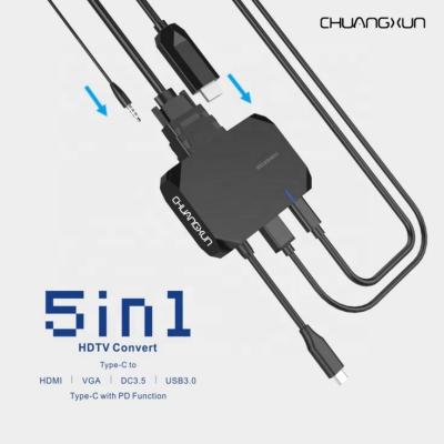 China Manufacture hot selling portable USB C to AUX hub. VGA HDMI USB 3.0 Multifuction With PD Type C Charge 5 In 1 Hub 4k For Samsung HUAWEI for sale