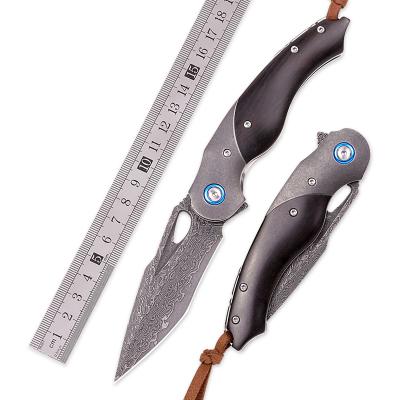 China Handmade High Grade Fine Handwork Damascus Knife Natural Steel Ebony Handle Collection Outdoor Camping Pocket Folding Hunting Knives With Leather Sheath for sale