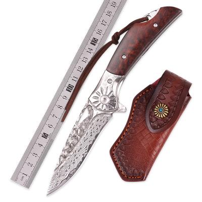 China High End Serpentine Wood Handle Damascus Knife Handmade High End Handwork Outdoor Camping Hunting Folding Pocket Knife With Leather Sheath for sale