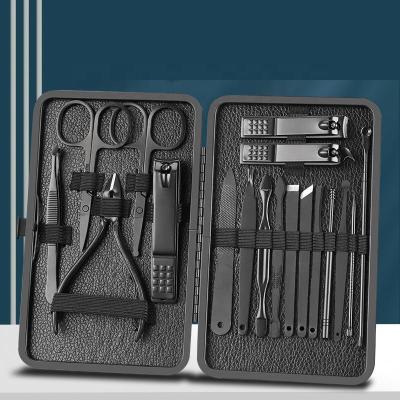 China Professional Stainless Steel 7 10 12 16 18 Pieces Black Bag Scissors Nail Clipper Care Kit Manicure Tool Set Pedicure for sale