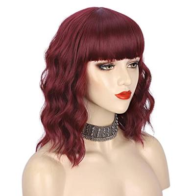 China Swiss Nnzes Wine Red Bob Curly Wig Synthetic Short Lace Wig With Bangs Natural Looking Fiber Heat Resistant Hair For Women for sale