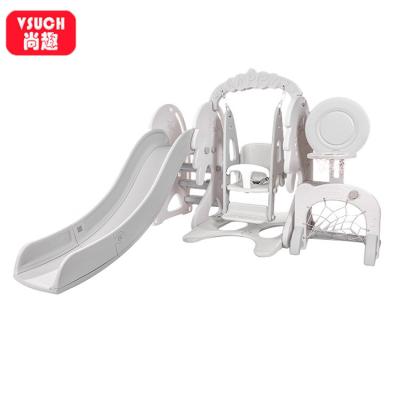 China Assets; Easy Assembly 5 In 1 Combination Gray White Plastic Mini Indoor Slides And Swing Set For Baby Kids for sale