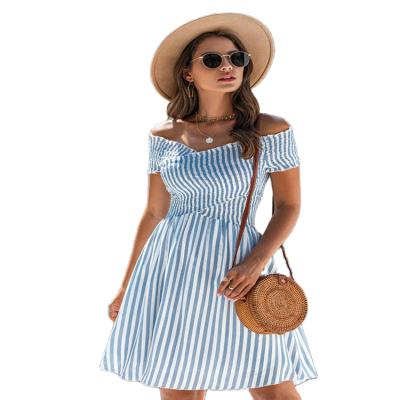 China Strapless casual beach dress women's soft straight off the shoulder of the end of summer fashion anti-static stripe style of the beautiful for sale