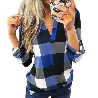 China Breathable Ladies Plaid Pullover Shirt Printing V Neck Long Sleeve Shirt Women Plus Size Shirts For Women for sale