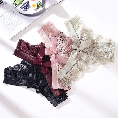 China 2022 Women's Underwear New Arrivals Lace Sexy Thong Women's Low Waist Transparent Hollow Waist Ladies Breathable Seamless Briefs With Bow for sale