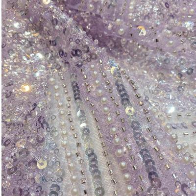 China Others 2021 Customized Purple Heavy Beaded Tulle High End Bead Embroidery Dress Making Lace Fabric Wholesale for sale