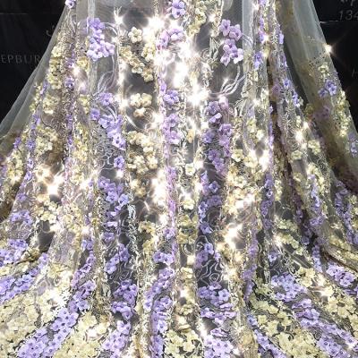 China Sustainable Bridal Dress Embroidered Purple Colorful 3d Beaded Lace Fabric for sale